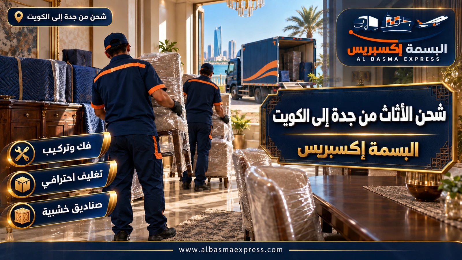 شحن الأثاث من جدة إلى الكويت – عاملان يغلفان كراسي منجدة بالنايلون | البسمة إكسبريس
