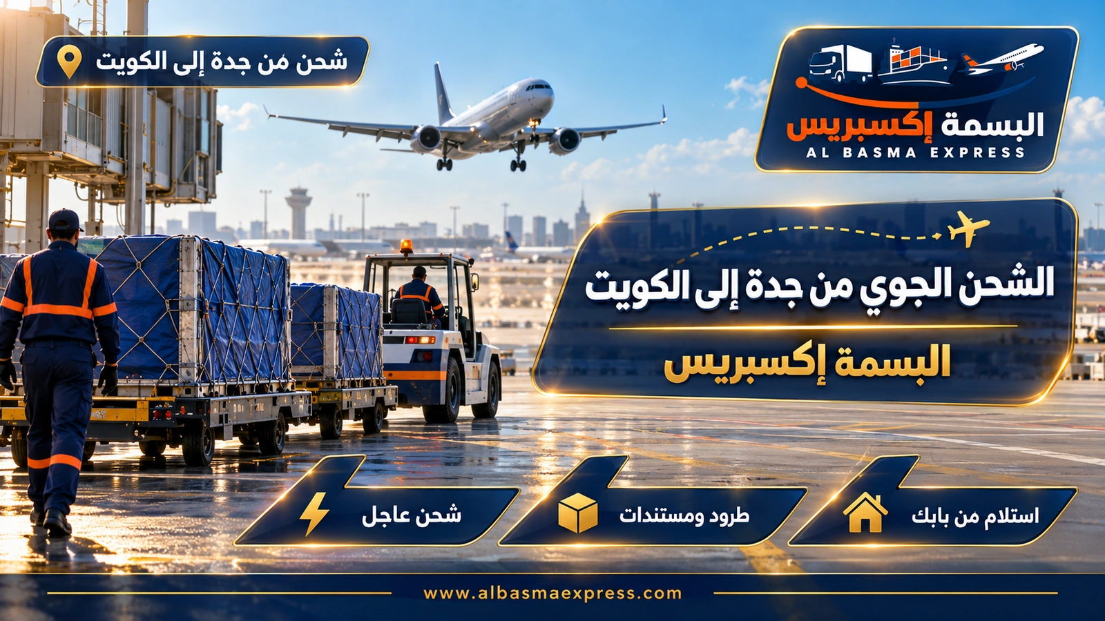 الشحن الجوي من جدة إلى الكويت – قاطرة تسحب منصات مغطاة وطائرة تهبط | البسمة إكسبريس