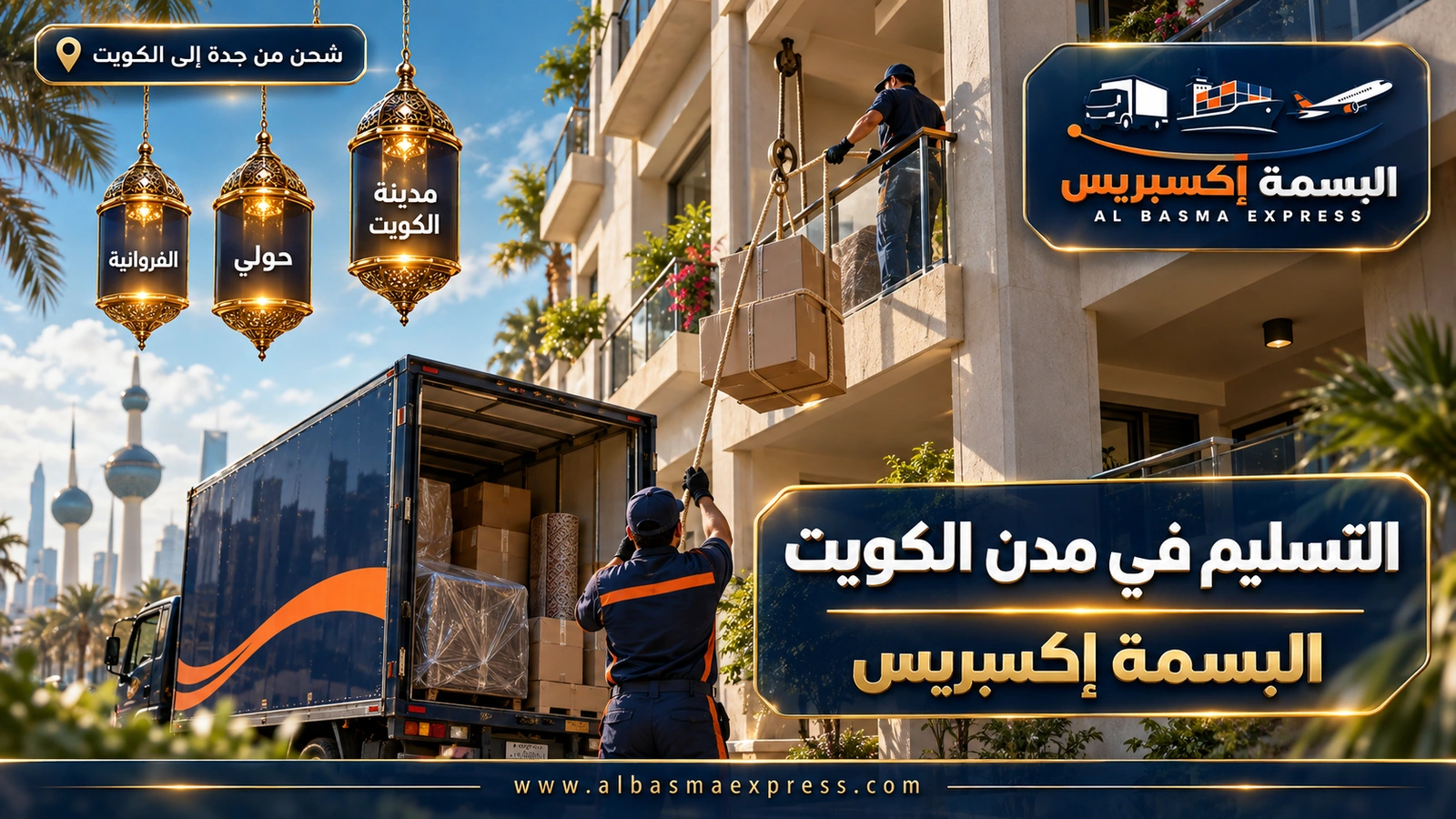 التسليم في مدن الكويت – عامل يرفع كراتين بحبل وبكرة إلى شرفة | البسمة إكسبريس