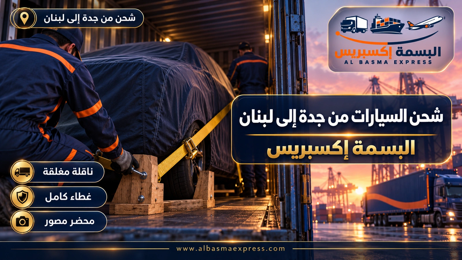 شحن السيارات من جدة إلى لبنان – لقطة قريبة لعوارض خشبية عند عجلة سيارة مغطاة | البسمة إكسبريس