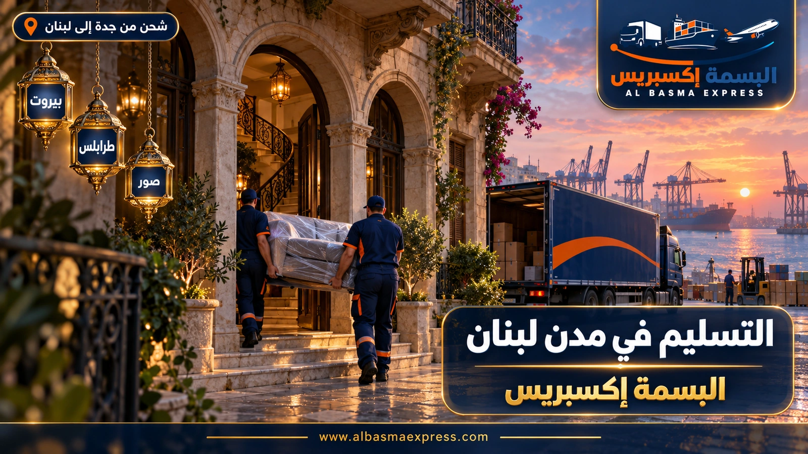 التسليم في مدن لبنان – عاملان يحملان كنبة مغلفة إلى عمارة بشرفات مقوسة | البسمة إكسبريس
