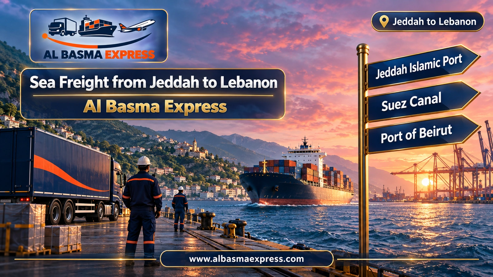 Sea Freight from Jeddah to Lebanon – cargo ship along a green mountainous coast | Al Basma Express
