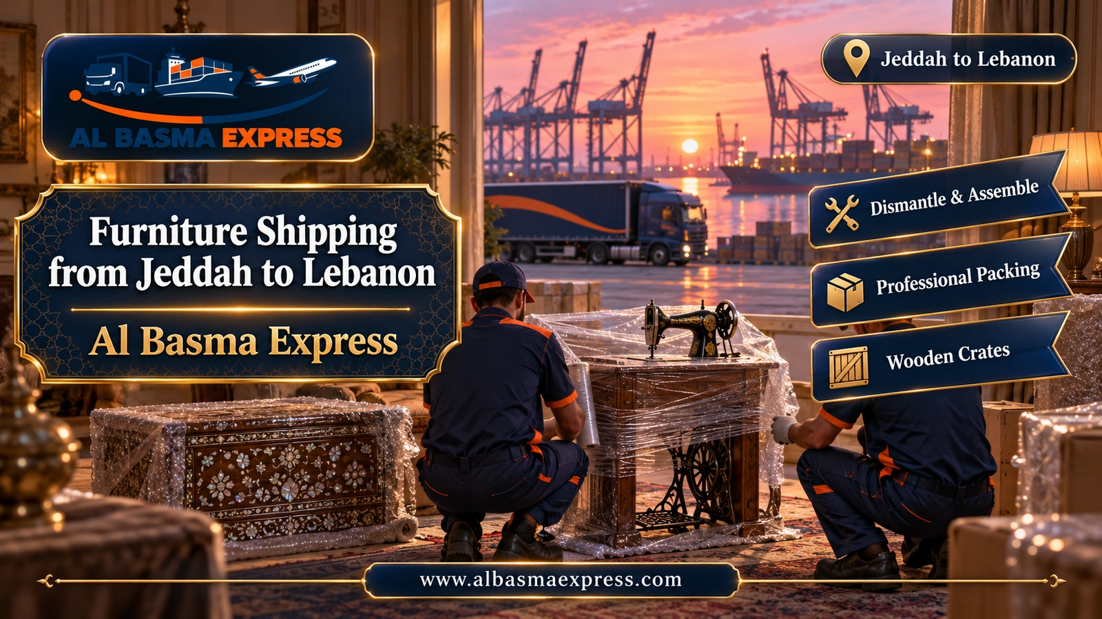 Furniture Shipping from Jeddah to Lebanon – workers wrapping an antique sewing machine and an inlaid chest | Al Basma Express