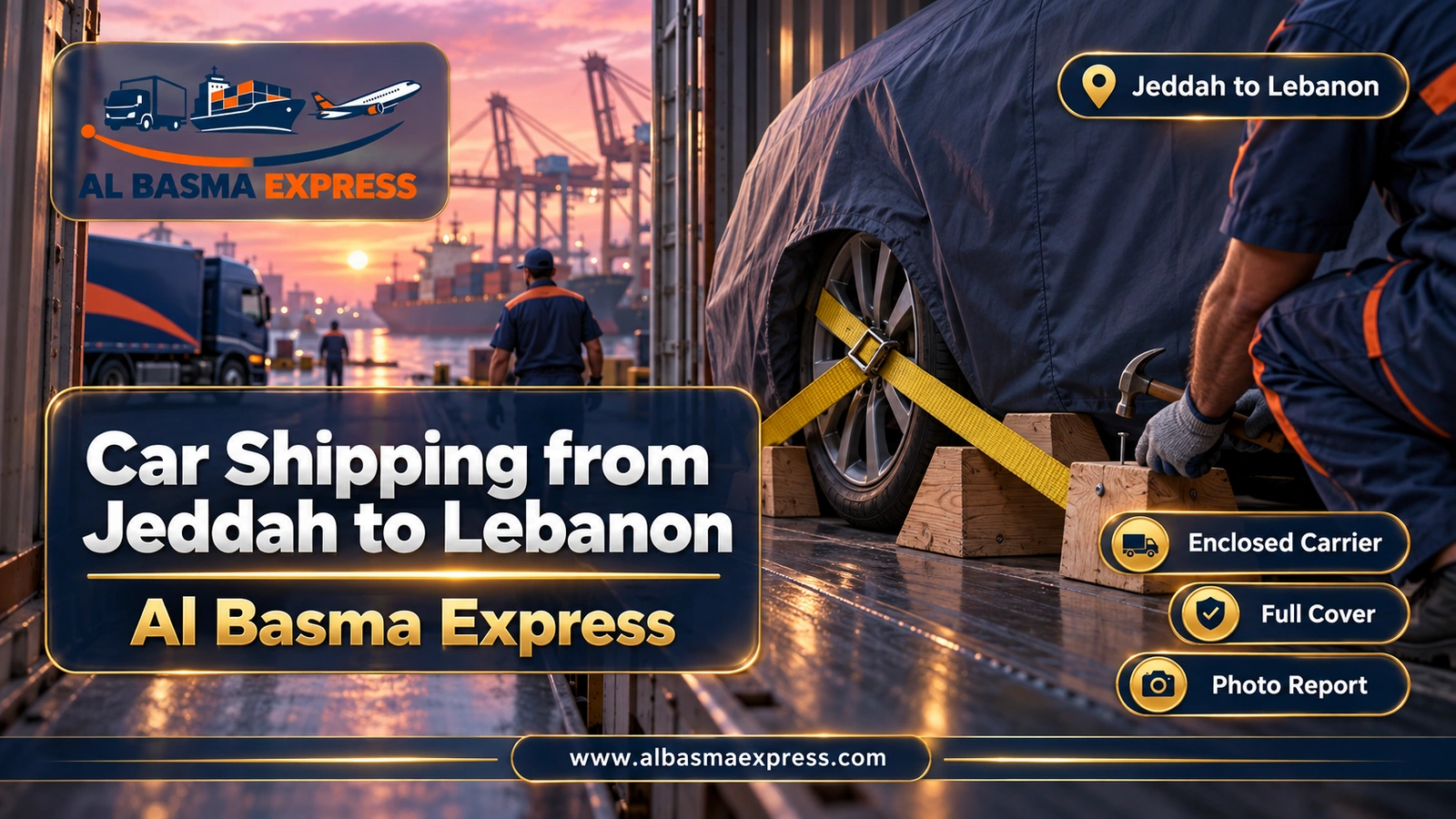 Car Shipping from Jeddah to Lebanon – close-up of timber chocks at a covered car’s wheel | Al Basma Express