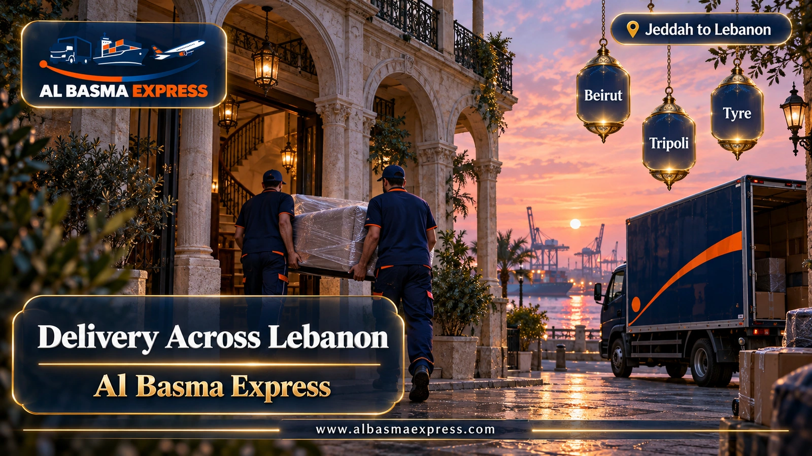 Delivery Across Lebanon – workers carrying a wrapped sofa into an arched-balcony building | Al Basma Express