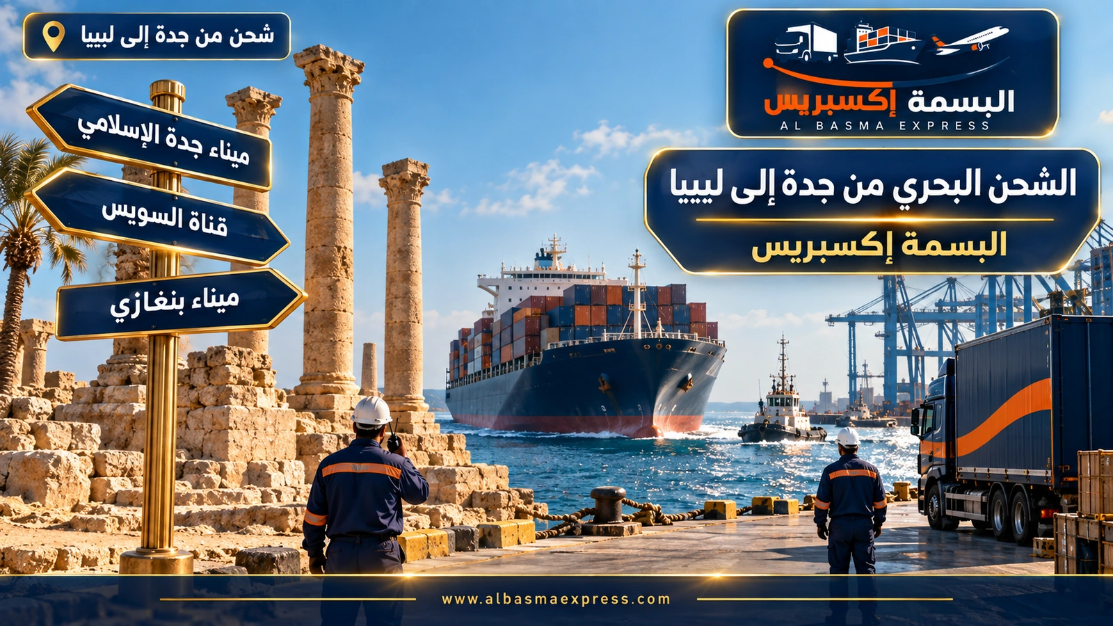 الشحن البحري من جدة إلى ليبيا – سفينة شحن تقترب من شاطئ عليه أعمدة أثرية | البسمة إكسبريس