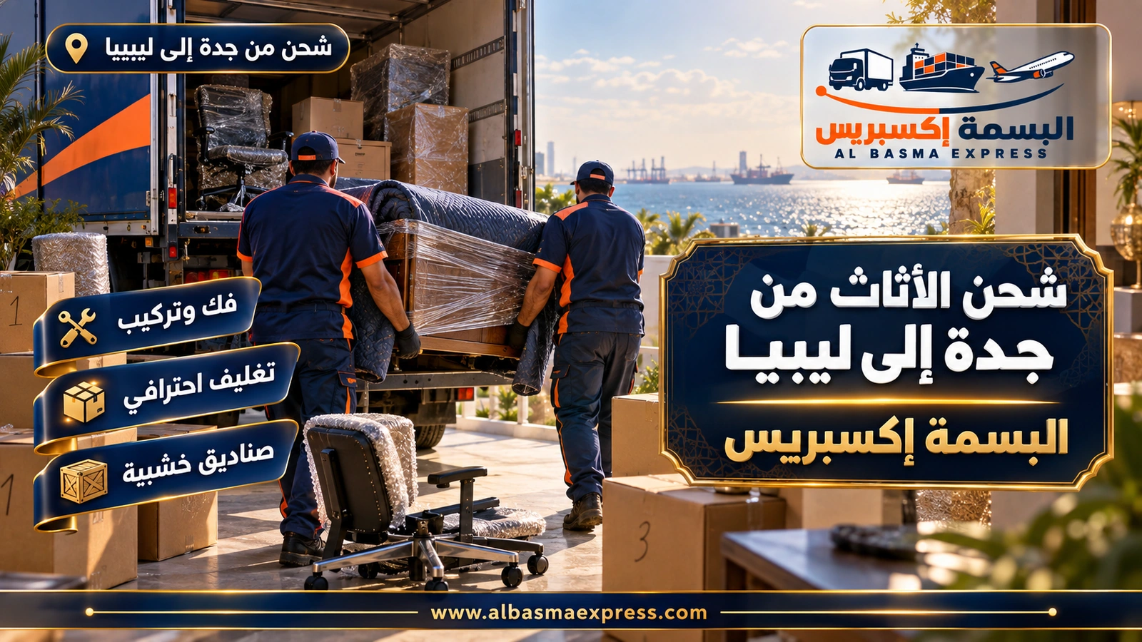 شحن الأثاث من جدة إلى ليبيا – عاملان يغلفان مكتباً خشبياً وكراتين ملفات | البسمة إكسبريس