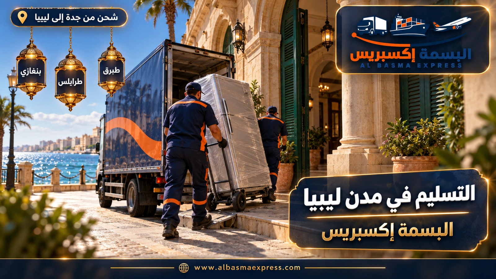 التسليم في مدن ليبيا – عاملان ينزلان ثلاجة مغلفة أمام عمارة بأروقة | البسمة إكسبريس
