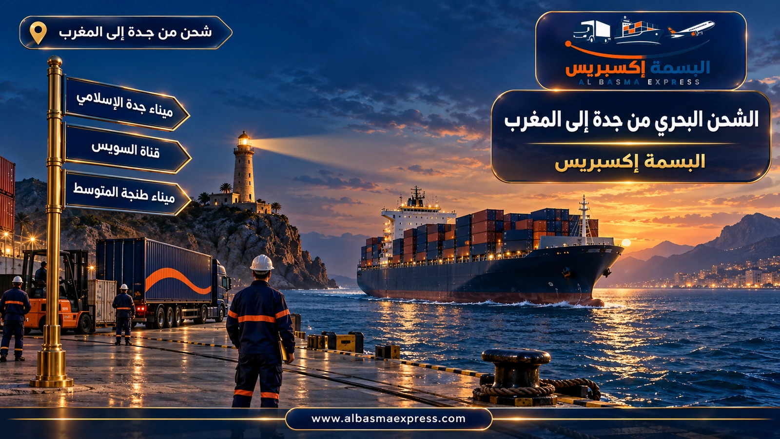 الشحن البحري من جدة إلى المغرب – سفينة شحن تمر أمام فنار عند الغسق | البسمة إكسبريس