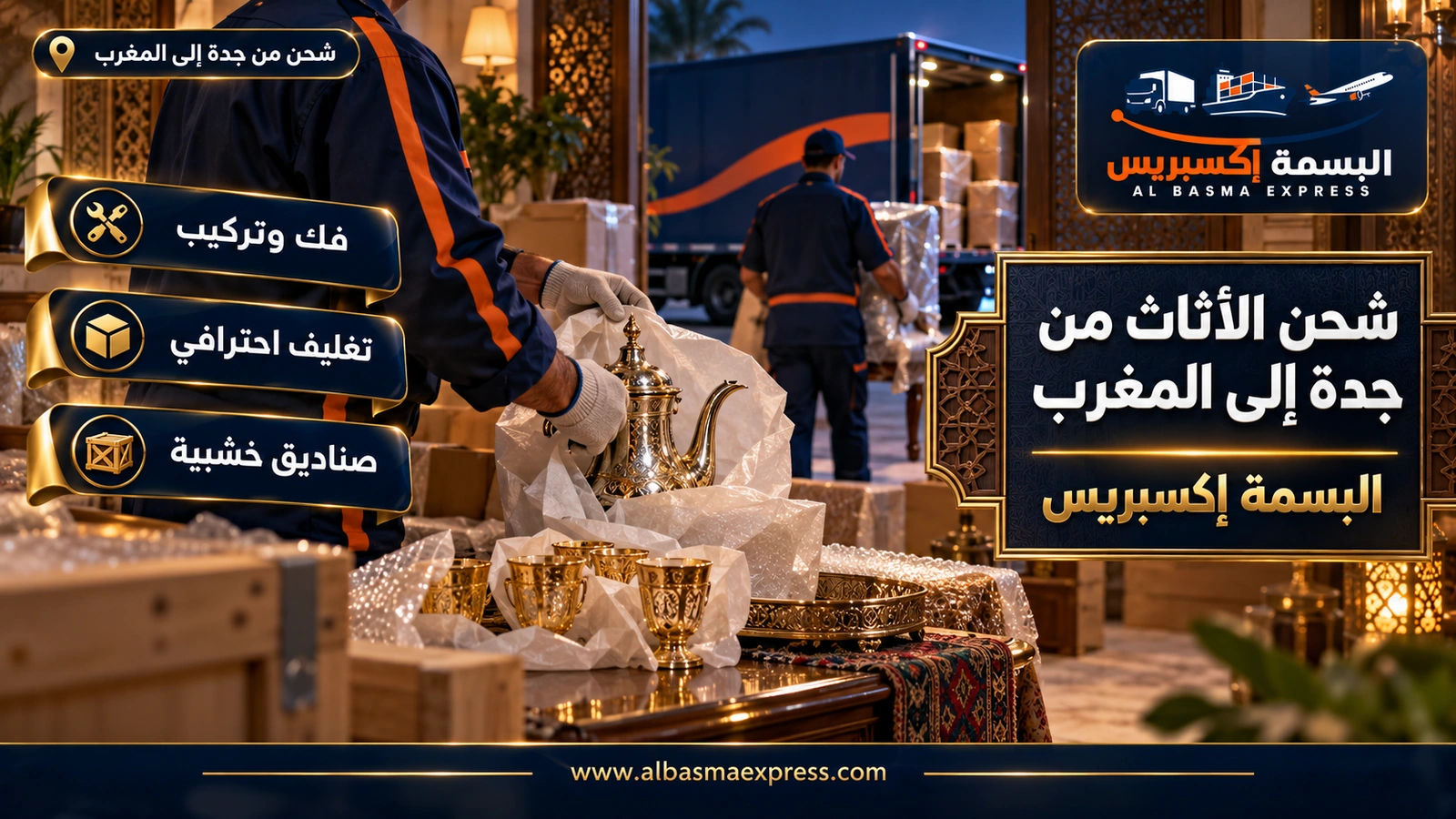 شحن الأثاث من جدة إلى المغرب – يدان تلفان أكواب شاي مذهبة وإبريقاً فضياً | البسمة إكسبريس