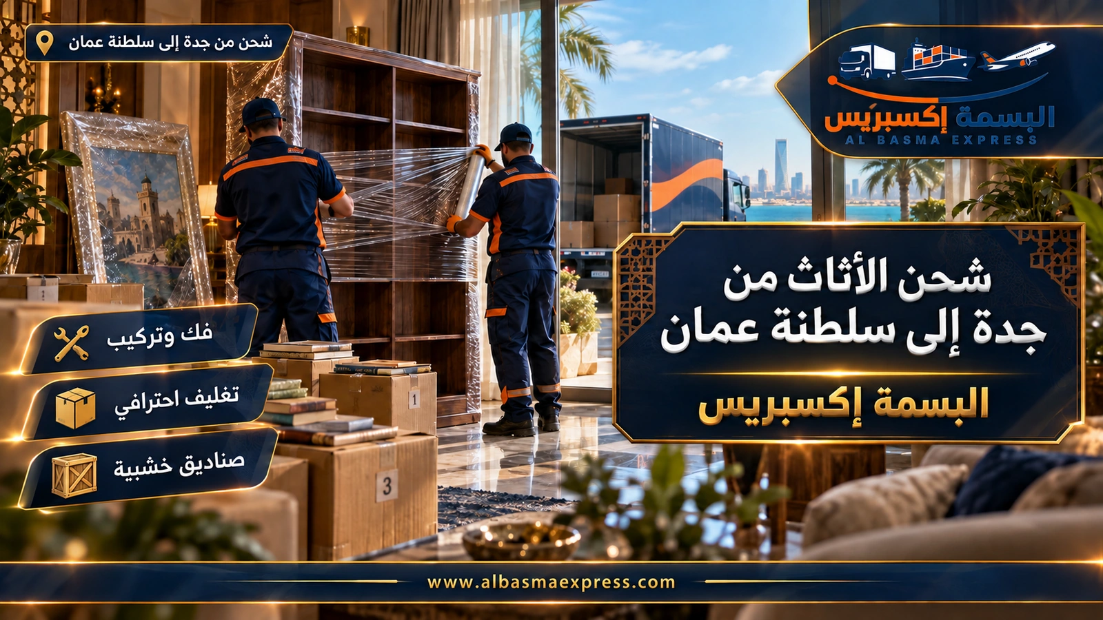 شحن الأثاث من جدة إلى سلطنة عمان – عاملان يغلفان مكتبة خشبية وكتبها في كراتين | البسمة إكسبريس