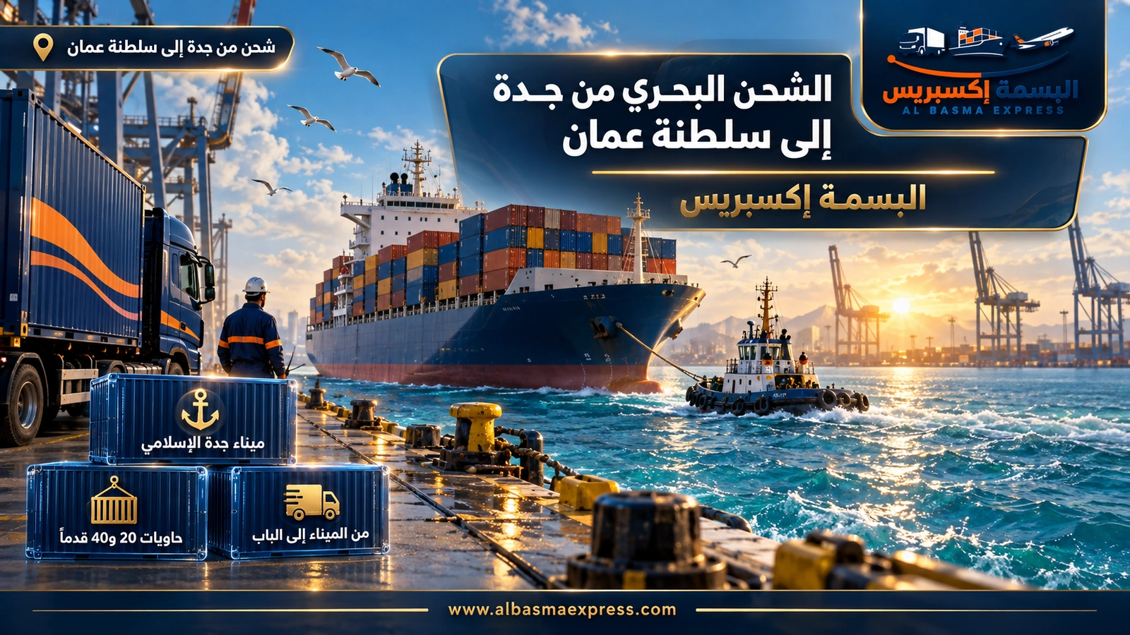 الشحن البحري من جدة إلى سلطنة عمان – سفينة حاويات تغادر الميناء وقاطرة بحرية تجرها | البسمة إكسبريس