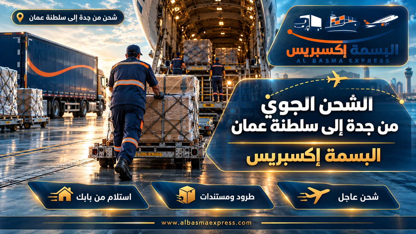 الشحن الجوي من جدة إلى سلطنة عمان – عامل يدفع صندوقاً على أرضية دوارة في عنبر شحن | البسمة إكسبريس
