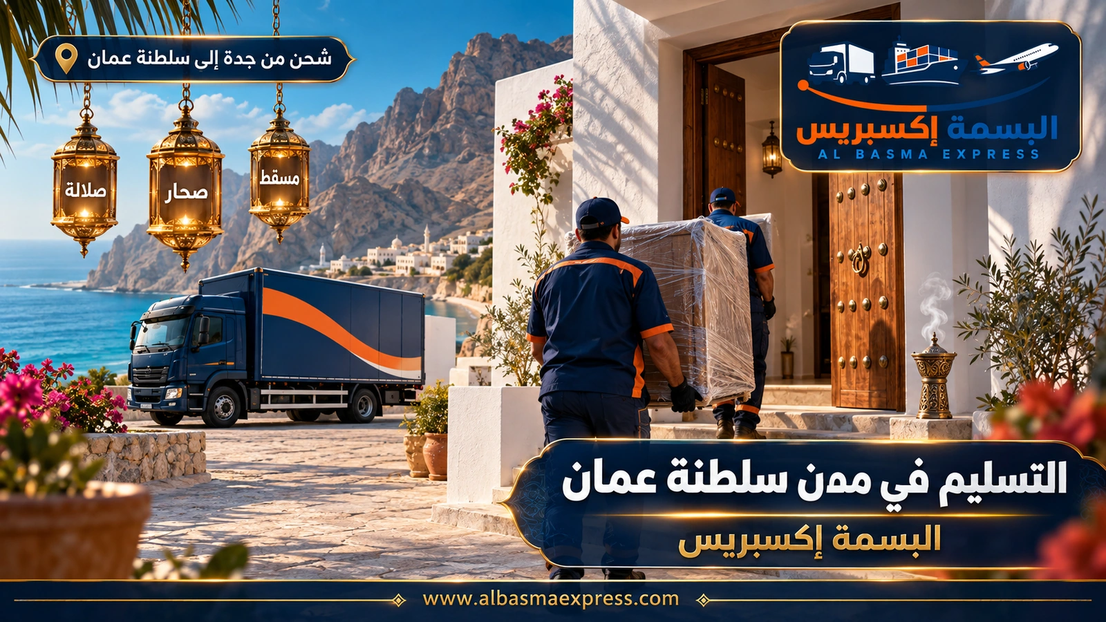 التسليم في مدن سلطنة عمان – عاملان يحملان خزانة مغلفة نحو بيت أبيض عند جبل | البسمة إكسبريس