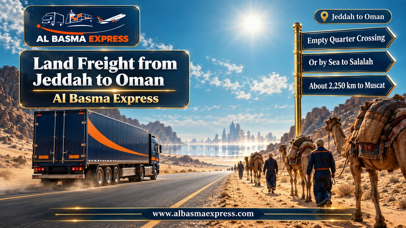 Land Freight from Jeddah to Oman – truck passing a camel train on a desert road | Al Basma Express