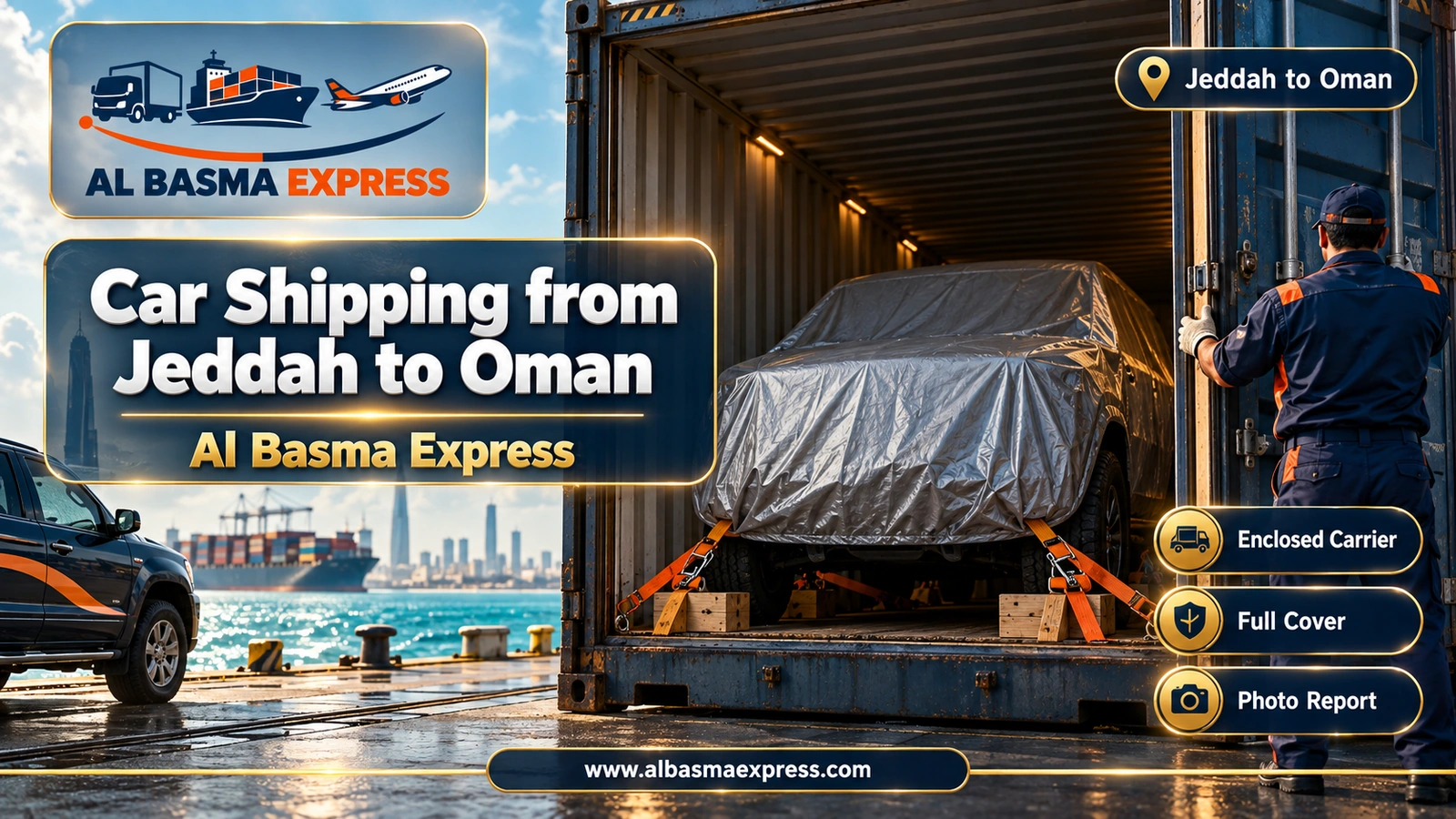 Car Shipping from Jeddah to Oman – covered 4x4 lashed inside a sea container | Al Basma Express