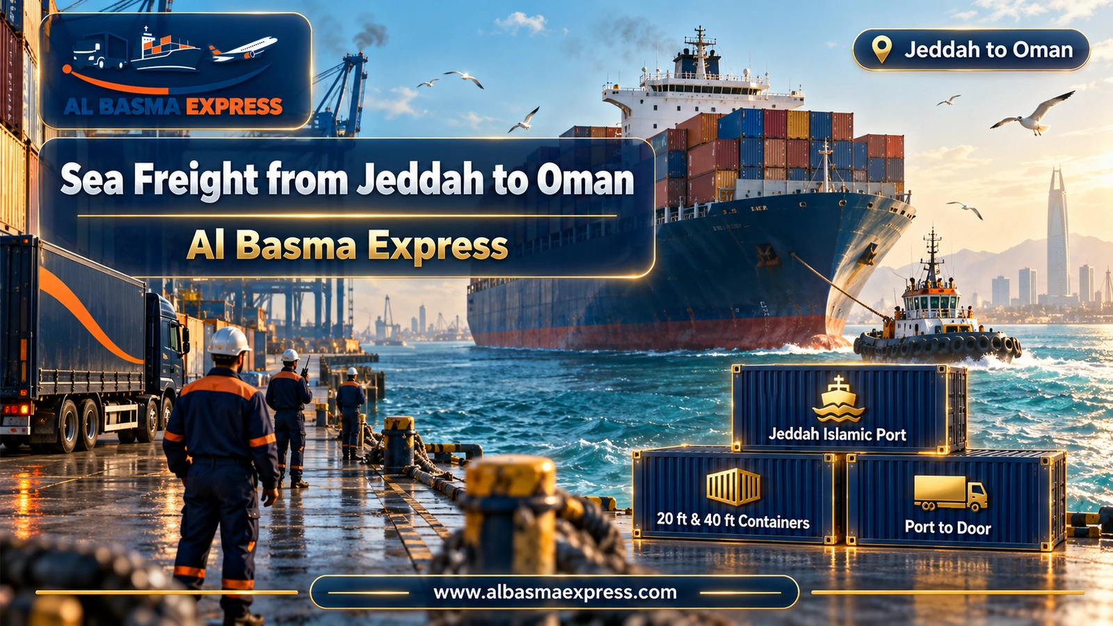 Sea Freight from Jeddah to Oman – container ship leaving port behind a tugboat | Al Basma Express