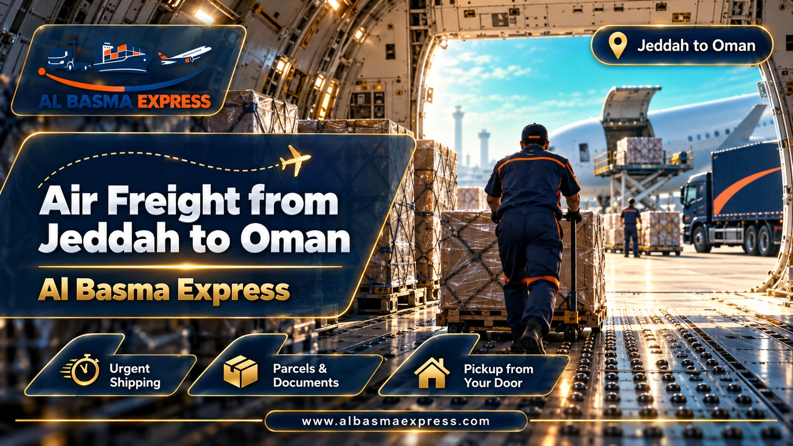 Air Freight from Jeddah to Oman – worker pushing a box across a ball deck in a cargo hold | Al Basma Express