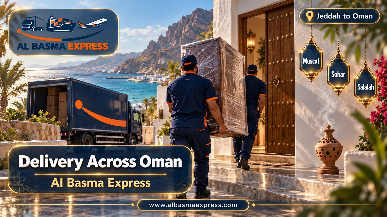 Delivery Across Oman – workers carrying a wrapped wardrobe to a white house by a mountain | Al Basma Express