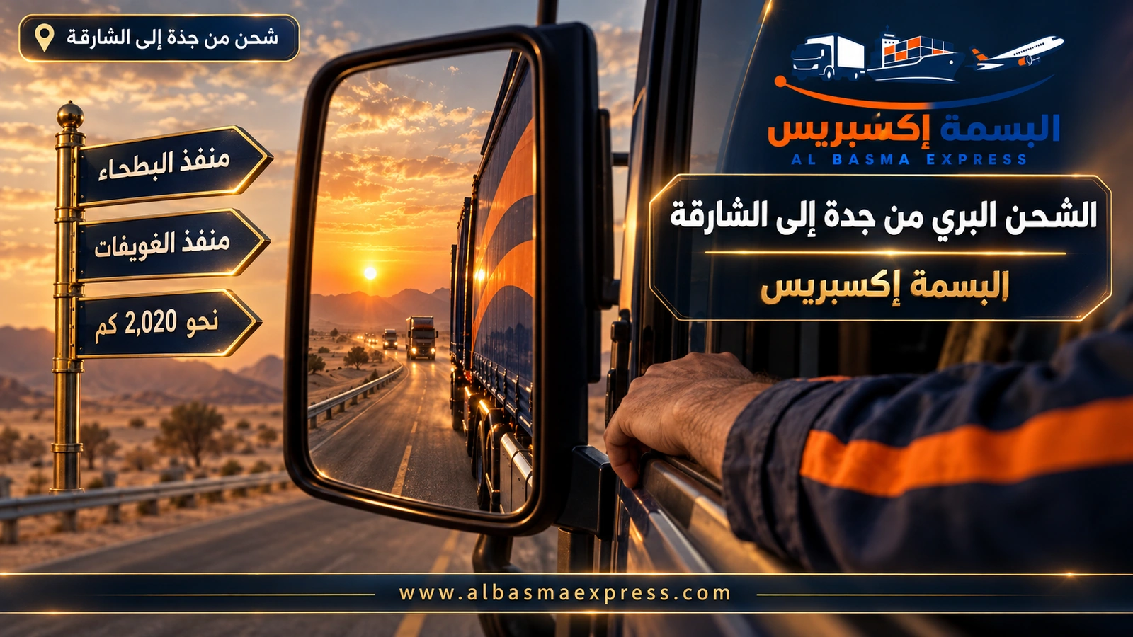 الشحن البري من جدة إلى الشارقة – الطريق الصحراوي في مرآة الشاحنة عند الغروب | البسمة إكسبريس