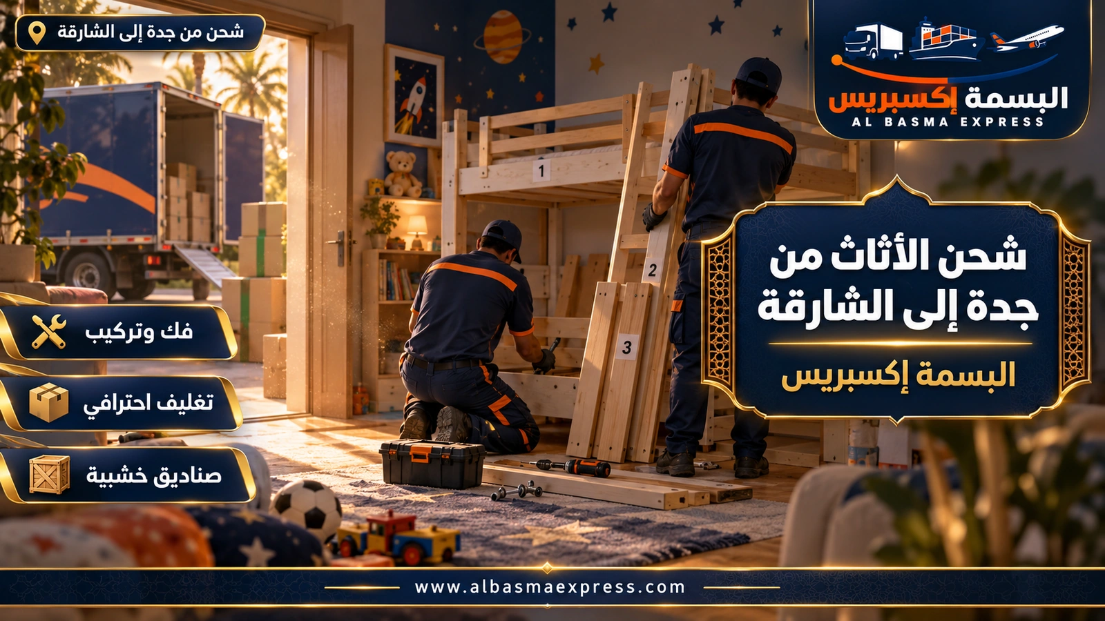 شحن الأثاث من جدة إلى الشارقة – عاملان يفكان سريراً بطابقين في غرفة أطفال | البسمة إكسبريس