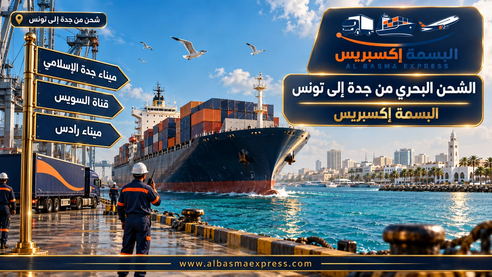 الشحن البحري من جدة إلى تونس – سفينة شحن تدخل ميناء تطل عليه مدينة بيضاء | البسمة إكسبريس