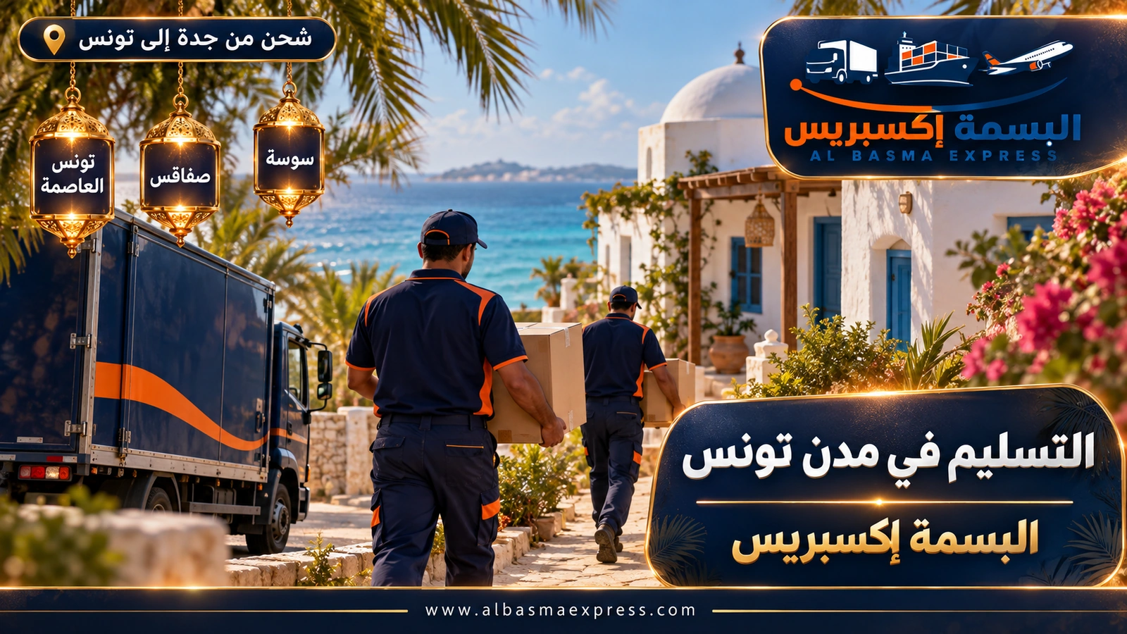 التسليم في مدن تونس – عاملان يحملان كراتين نحو بيت بقبة بيضاء على الشاطئ | البسمة إكسبريس