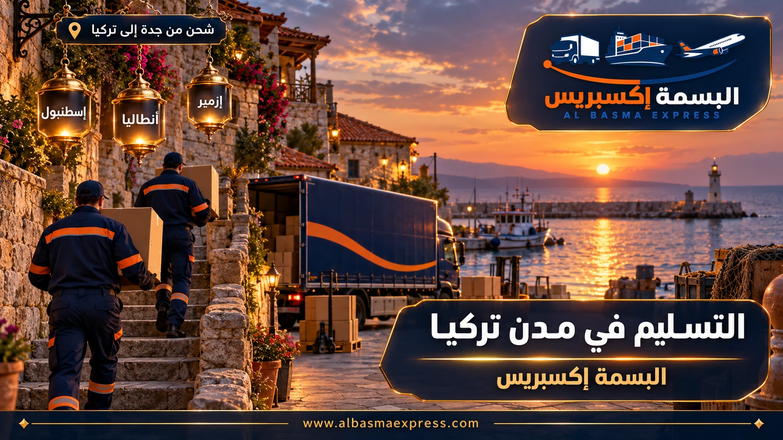 التسليم في مدن تركيا – عاملان يحملان كراتين في درج حجري فوق مرفأ قديم | البسمة إكسبريس