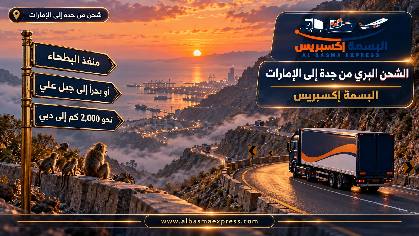 الشحن البري من جدة إلى الإمارات – شاحنة كحلية على طريق جبلي متعرج صاعد من الساحل | البسمة إكسبريس
