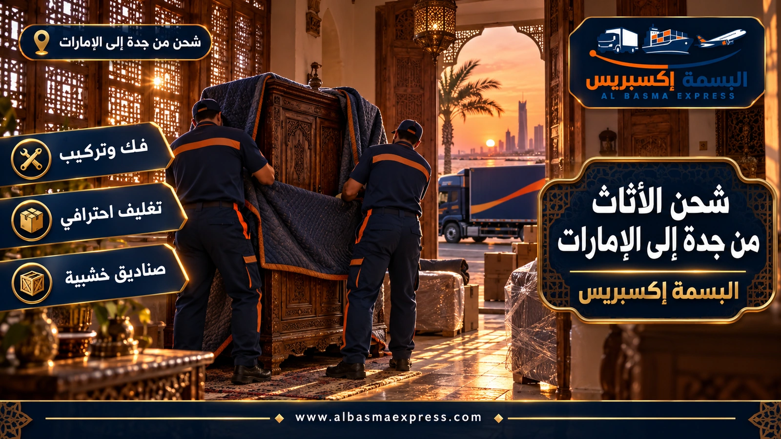 شحن الأثاث من جدة إلى الإمارات – عاملان يغلفان خزانة عتيقة داخل بيت حجازي برواشين | البسمة إكسبريس
