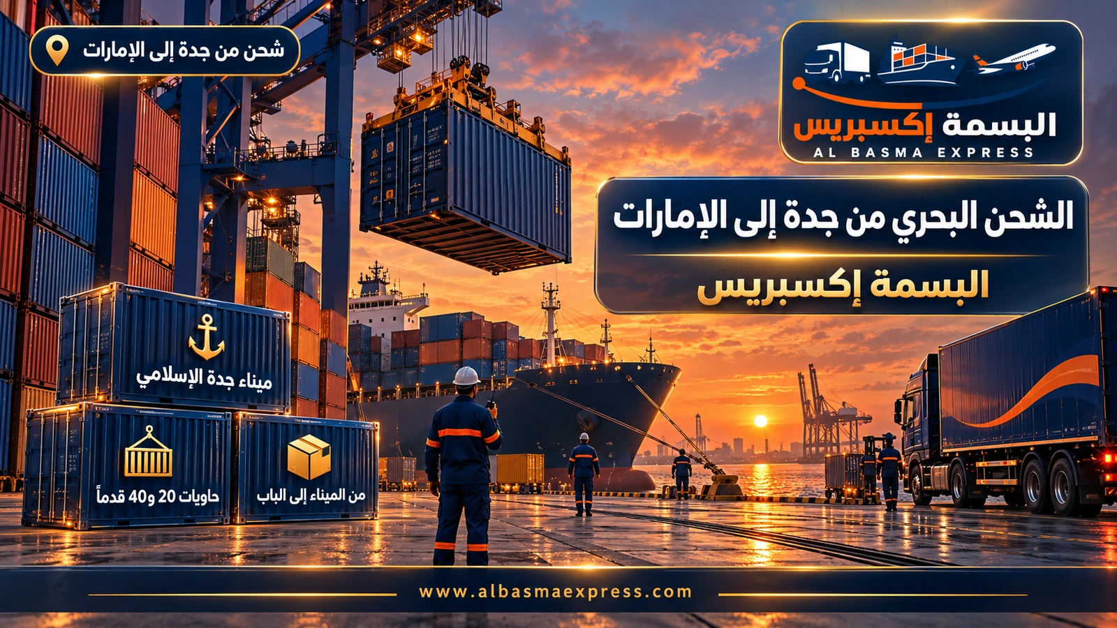 الشحن البحري من جدة إلى الإمارات – رافعة ترفع حاوية كحلية في رصيف حاويات | البسمة إكسبريس