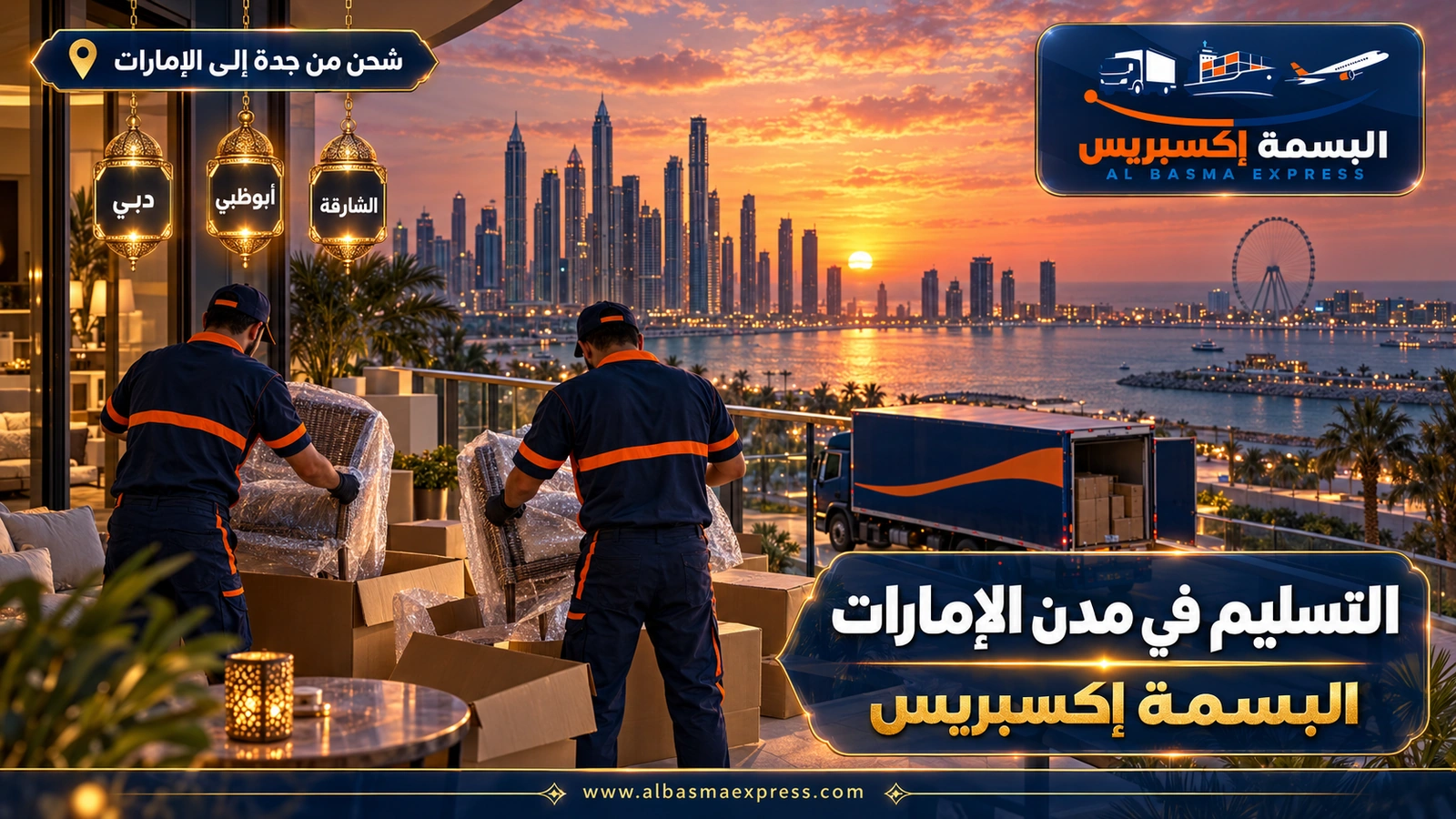 التسليم في مدن الإمارات – عاملان يفتحان كراتين في شرفة مطلة على الأبراج | البسمة إكسبريس