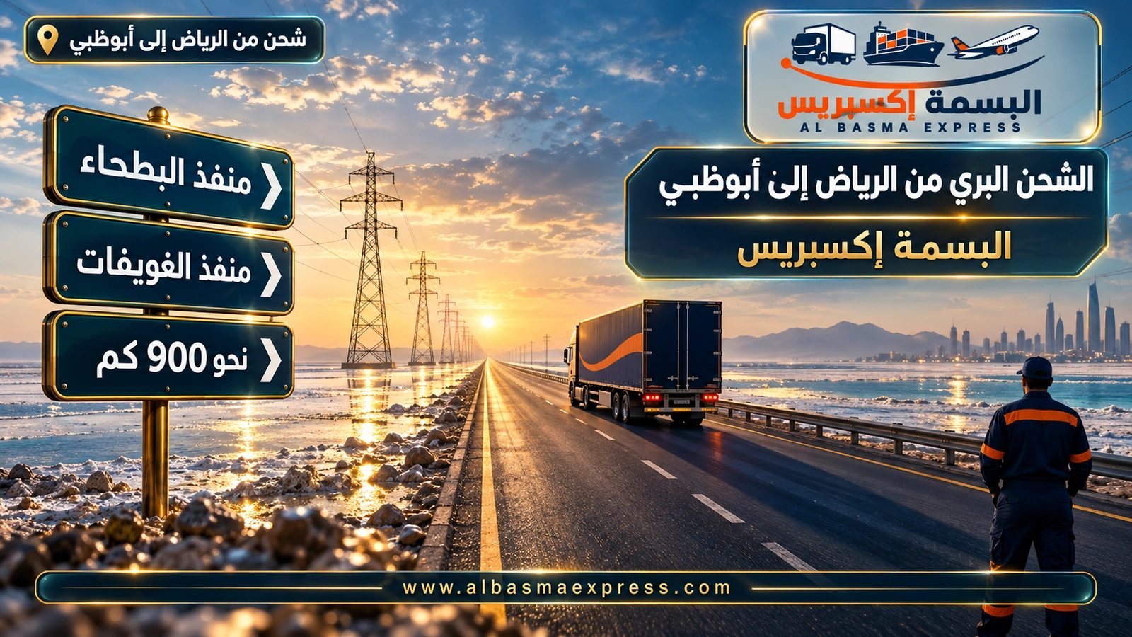 الشحن البري من الرياض إلى أبوظبي – شاحنة على طريق مستقيم بين السبخات عند الشروق | البسمة إكسبريس