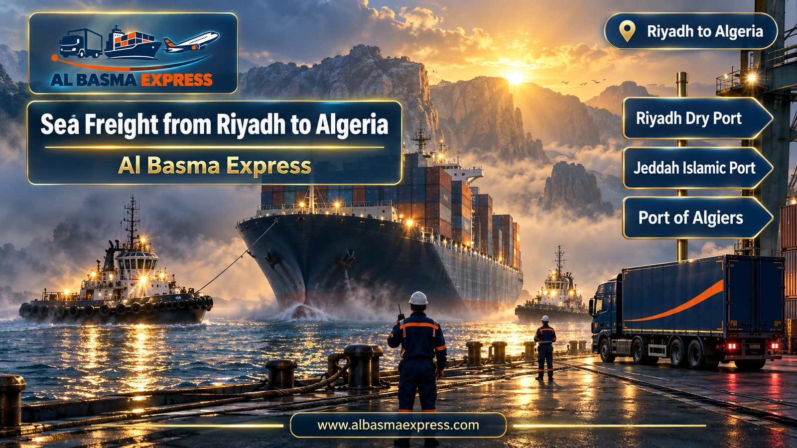 Sea Freight from Riyadh to Algeria – two tugboats pushing a ship in dawn fog | Al Basma Express