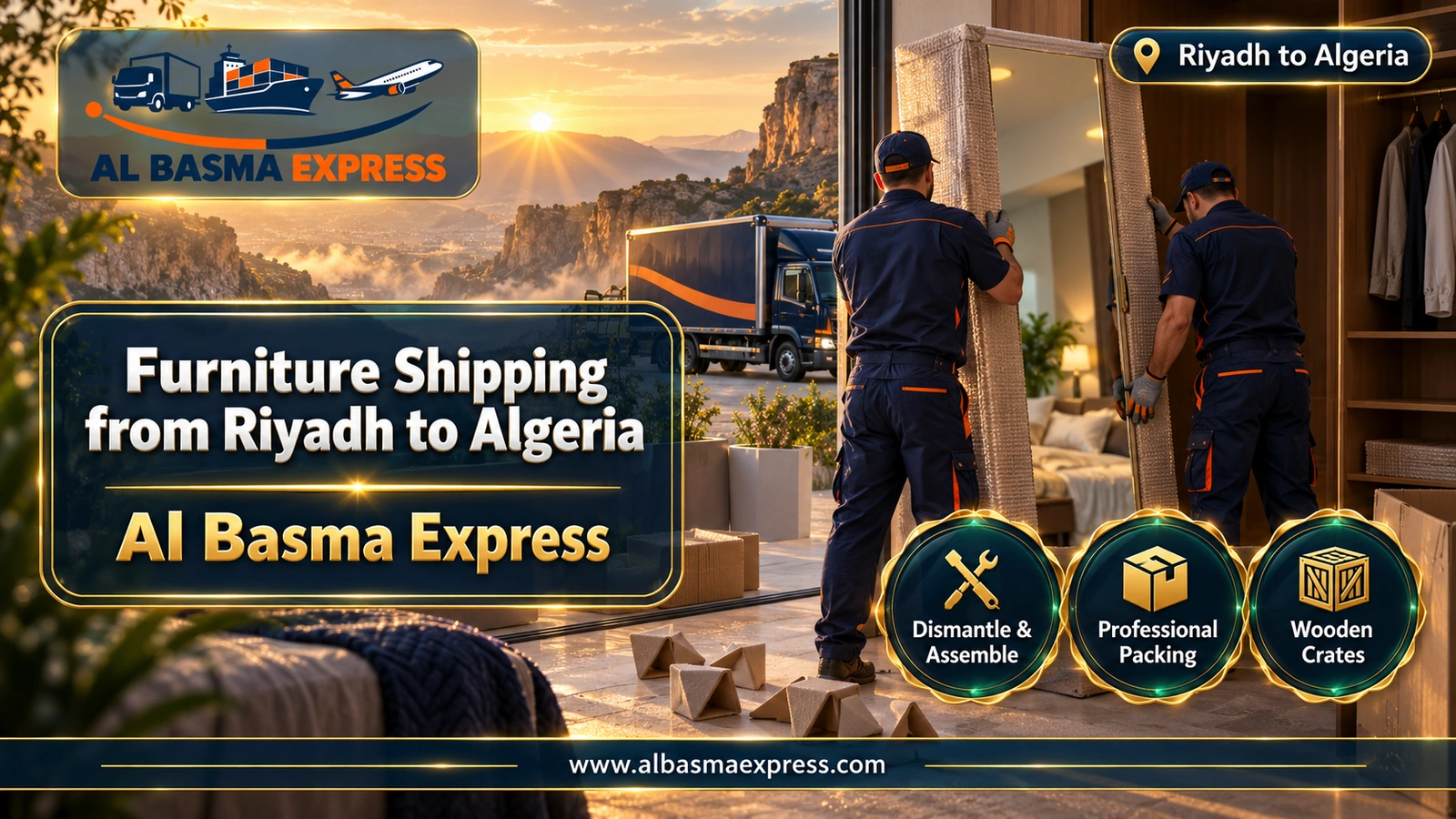 Furniture Shipping from Riyadh to Algeria – workers wrapping a mirrored wardrobe door | Al Basma Express