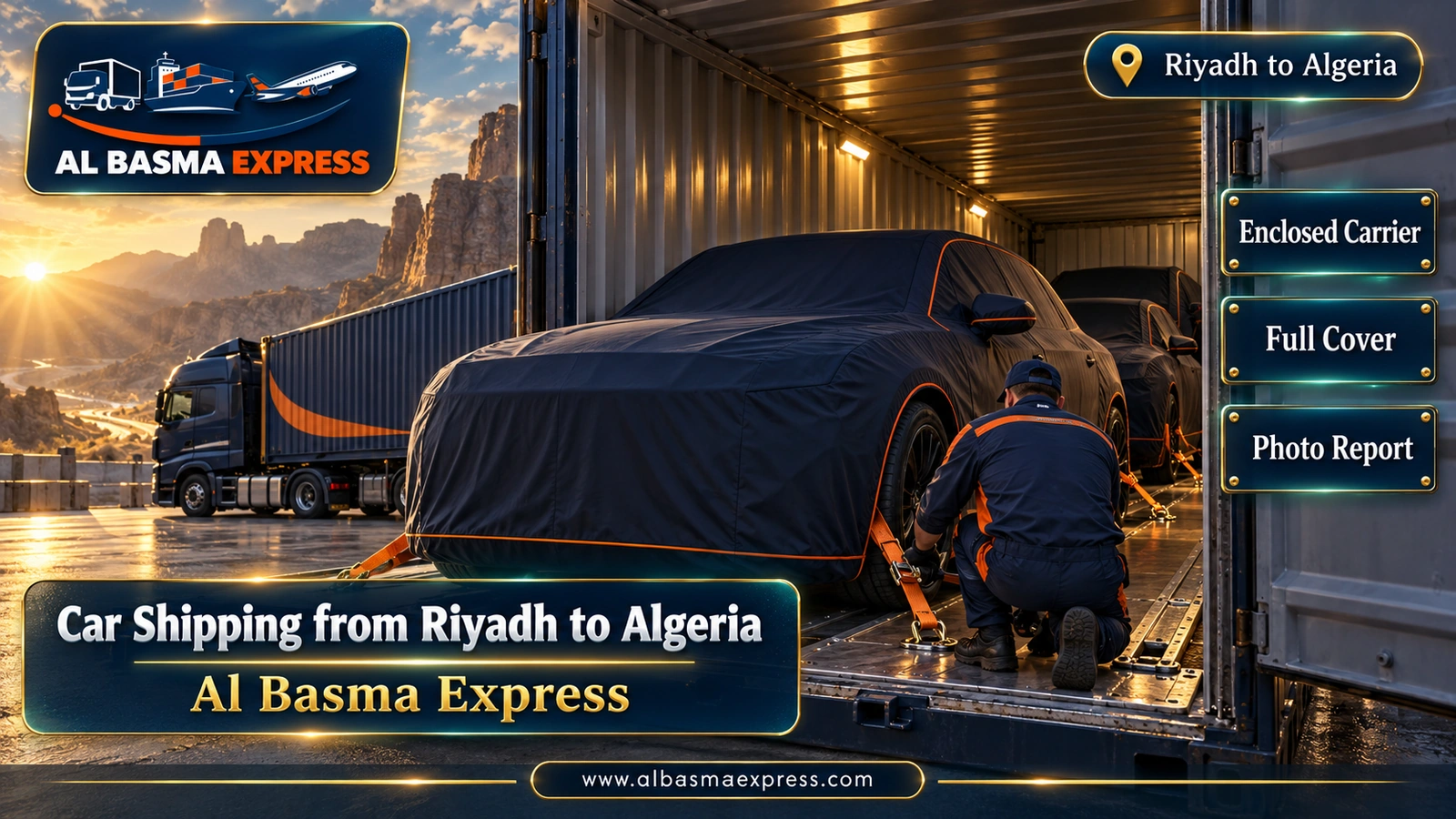 Car Shipping from Riyadh to Algeria – two covered cars inside a 40 ft container | Al Basma Express