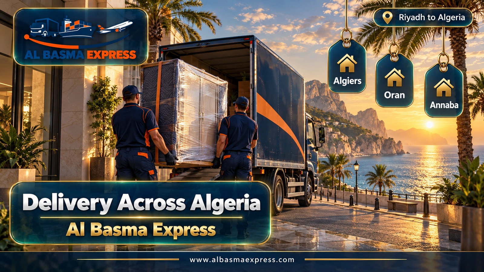 Delivery Across Algeria – workers unloading a wrapped wardrobe at a seafront block | Al Basma Express