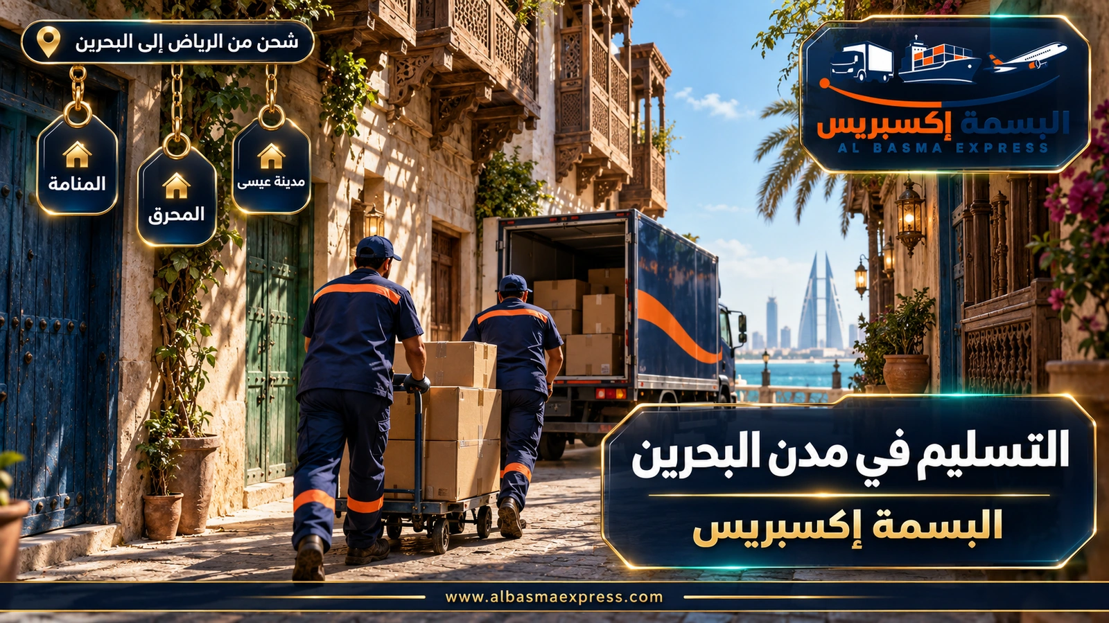 التسليم في مدن البحرين – عاملان يدفعان عربة كراتين في زقاق حي قديم | البسمة إكسبريس