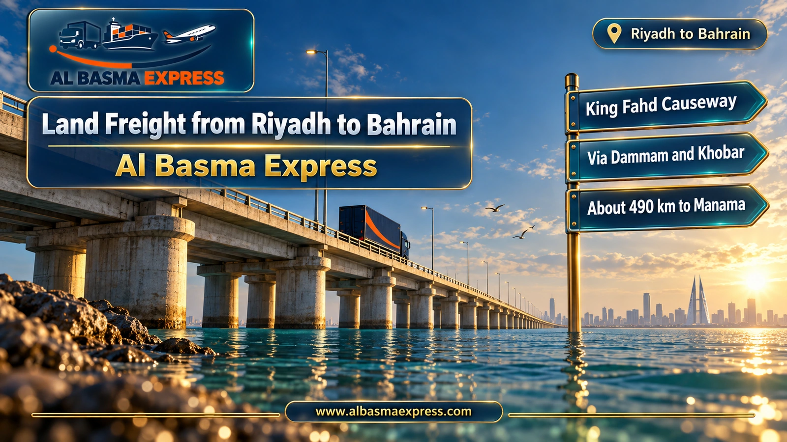 Land Freight from Riyadh to Bahrain – sea causeway from water level with a truck crossing | Al Basma Express