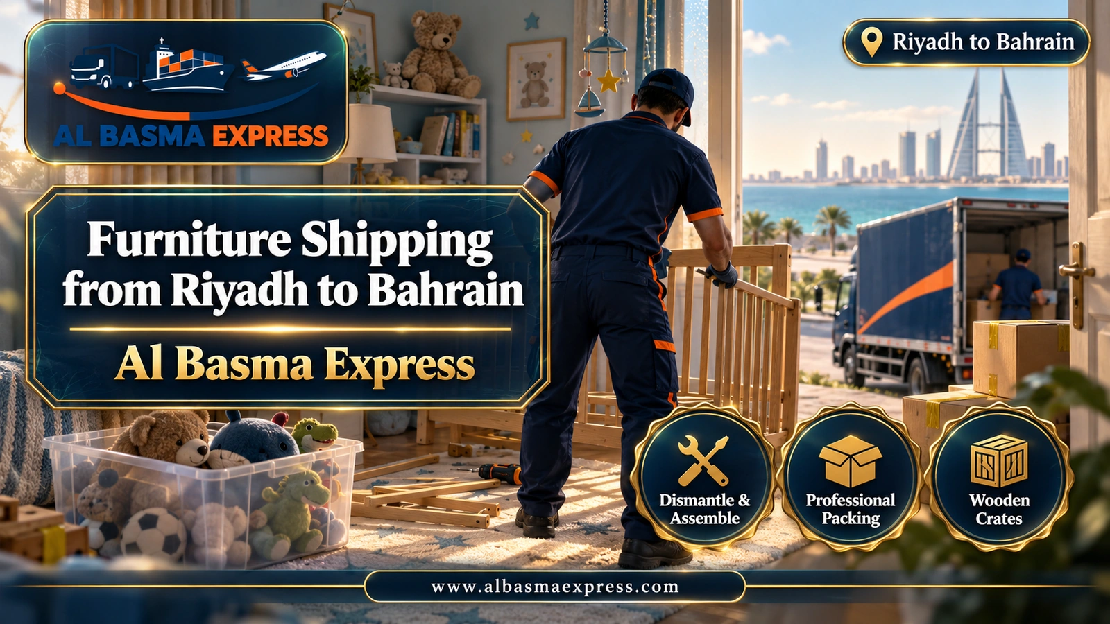 Furniture Shipping from Riyadh to Bahrain – worker dismantling a cot beside yellow-taped cartons | Al Basma Express