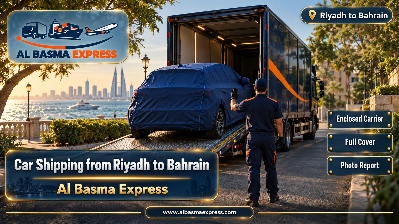 Car Shipping from Riyadh to Bahrain – covered hatchback entering a small enclosed carrier | Al Basma Express