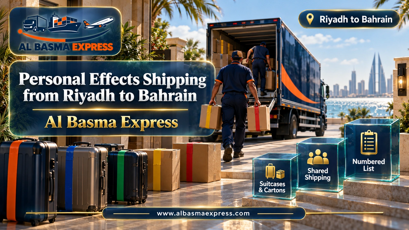 Personal Effects Shipping from Riyadh to Bahrain – suitcases and colour-taped cartons on a doorstep | Al Basma Express