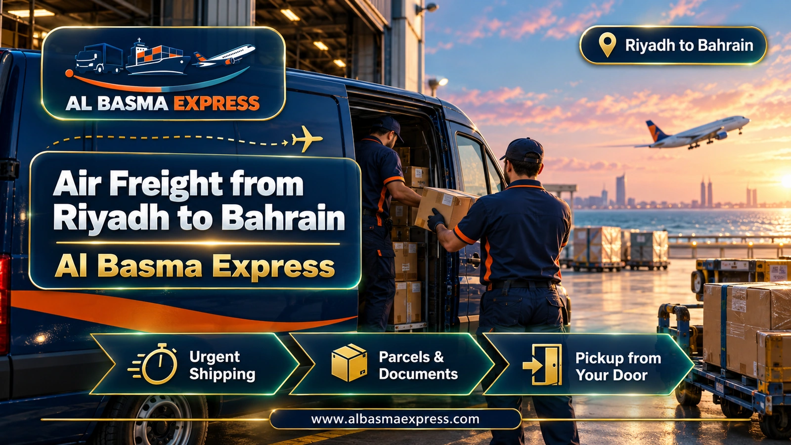 Air Freight from Riyadh to Bahrain – hands passing a parcel at an air cargo building at dawn | Al Basma Express