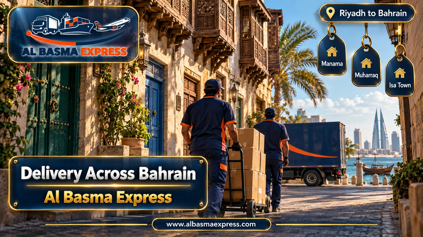 Delivery Across Bahrain – workers pushing a trolley of cartons down an old-quarter lane | Al Basma Express