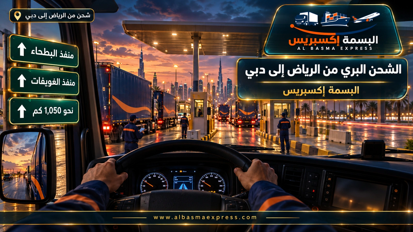 الشحن البري من الرياض إلى دبي – منظر من مقصورة شاحنة نحو صف شاحنات في المنفذ | البسمة إكسبريس