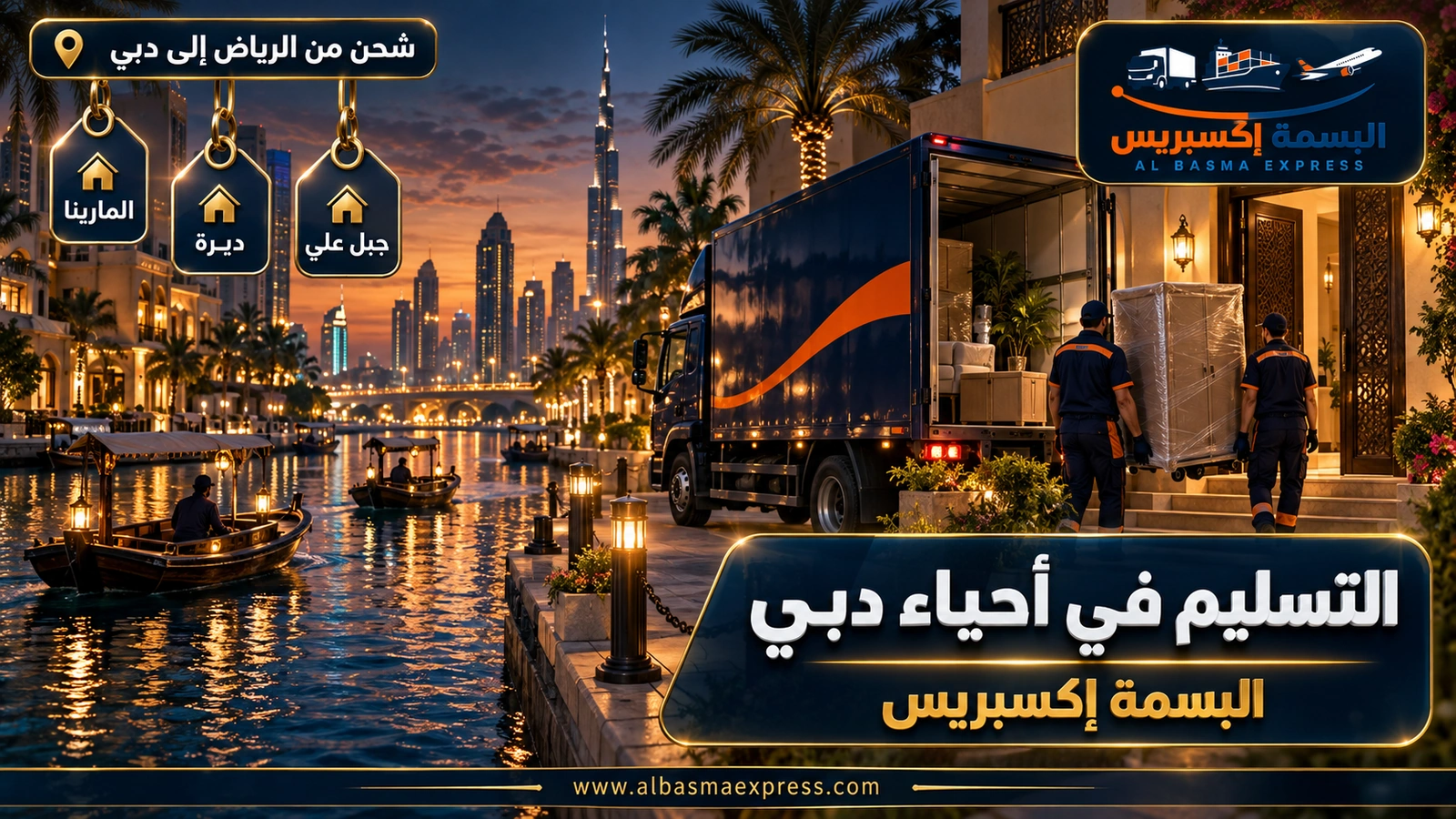 التسليم في أحياء دبي – عاملان ينزلان خزانة مغلفة أمام بيت على قناة مائية | البسمة إكسبريس