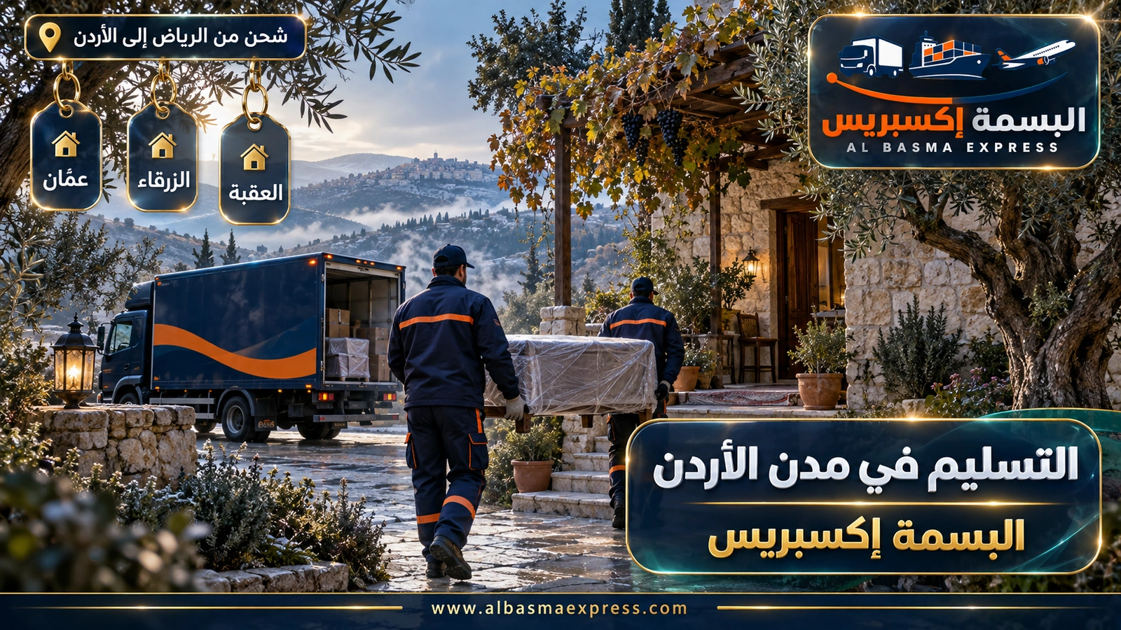 التسليم في مدن الأردن – عاملان يحملان طاولة مغلفة نحو بيت حجري بأشجار زيتون | البسمة إكسبريس