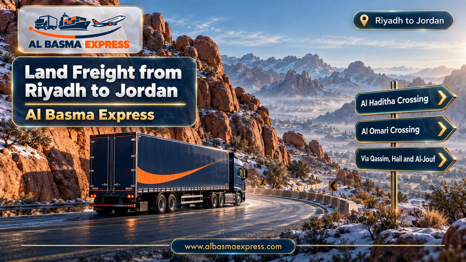 Land Freight from Riyadh to Jordan – truck at the foot of red granite mountains | Al Basma Express