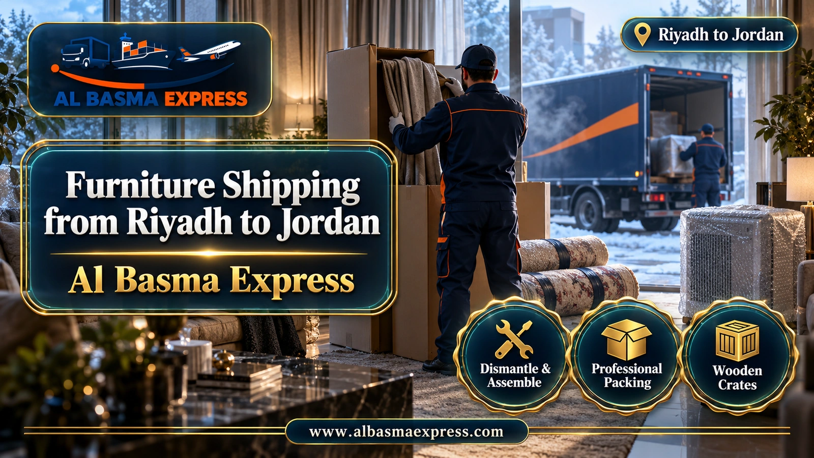 Furniture Shipping from Riyadh to Jordan – worker folding curtains into a carton beside rolled carpets | Al Basma Express