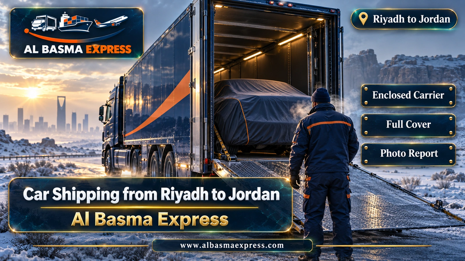Car Shipping from Riyadh to Jordan – enclosed carrier with a covered car on a frosty morning | Al Basma Express